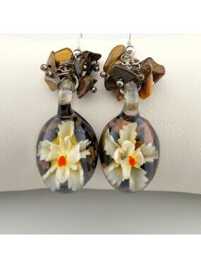 Artisan Lampwork Glass Floral Drop Earrings Tiger Eye Chip Cluster Dangle Boho